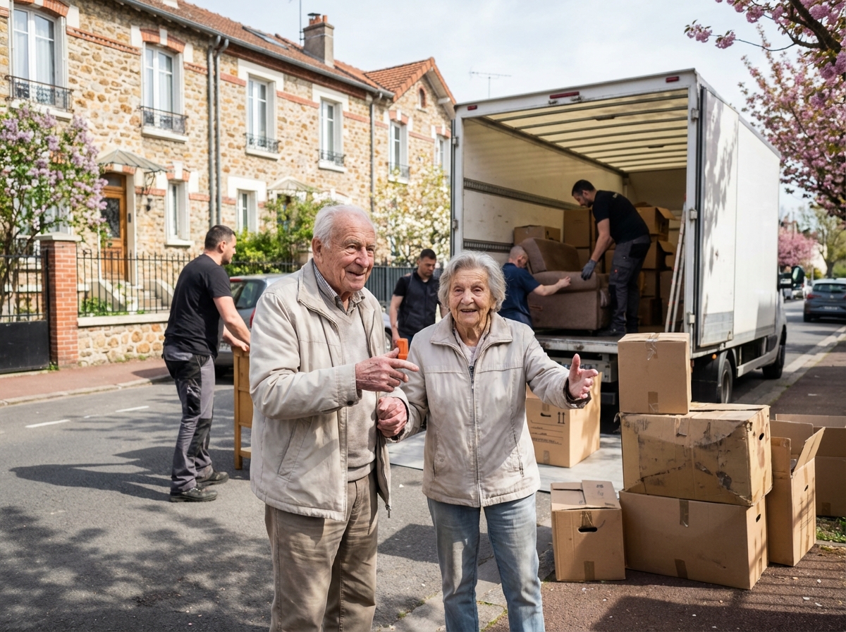 Couple agee discutant devant un camion de déménagement en banlieue