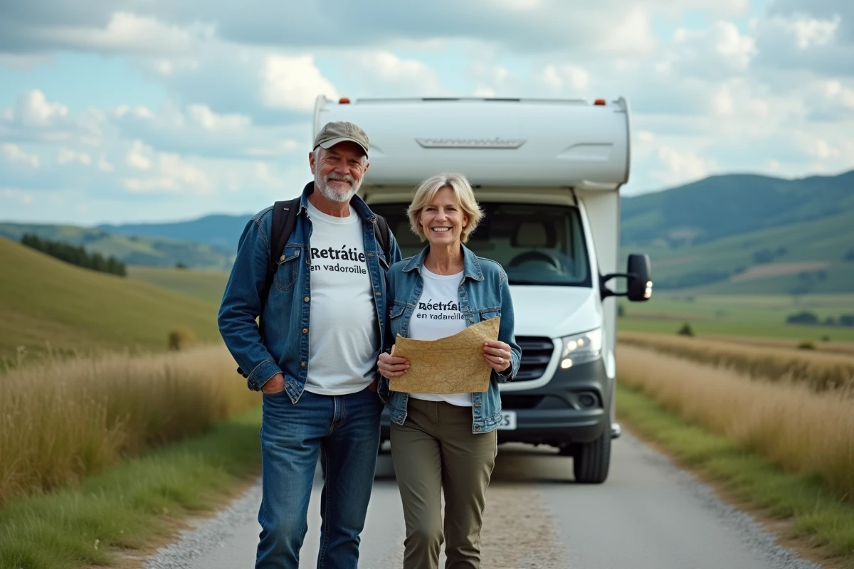 Couple de retraités souriants devant leur camping-car avec un t-shirt humoristique sur la retraite