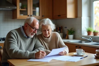 Couple de retraités examinant des documents liés aux avantages de leur mutuelle SG Retraités à leur table de cuisine