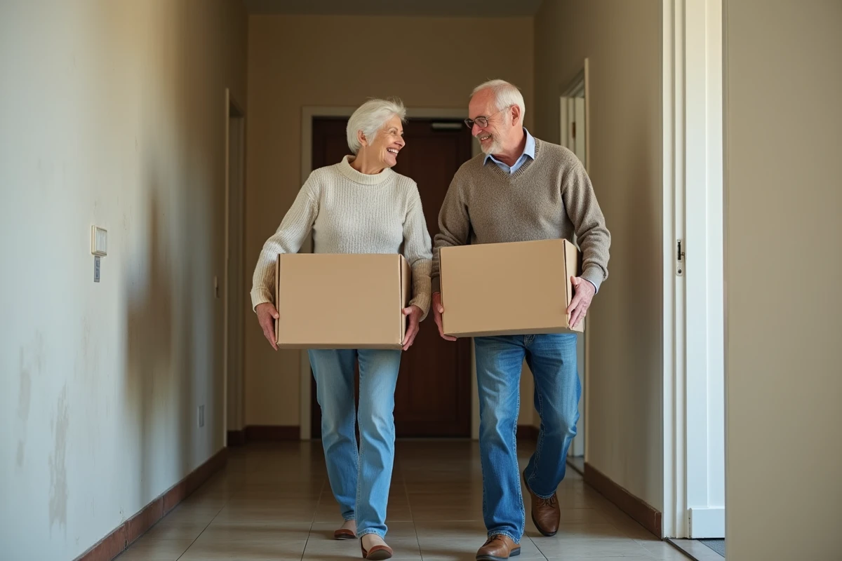 Couple de retraités portant des cartons lors d'un déménagement dans un couloir d'immeuble