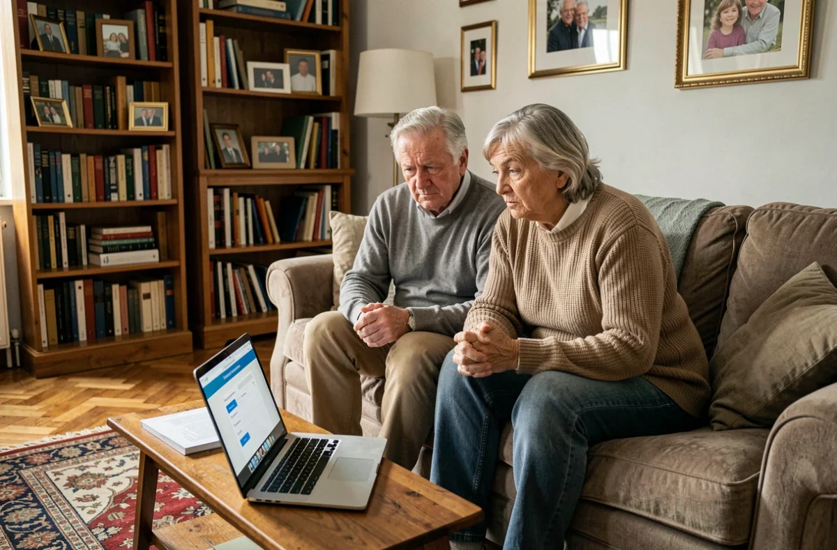 Couple de retraités consultant en ligne leur pension Agirc-Arrco sur un ordinateur portable