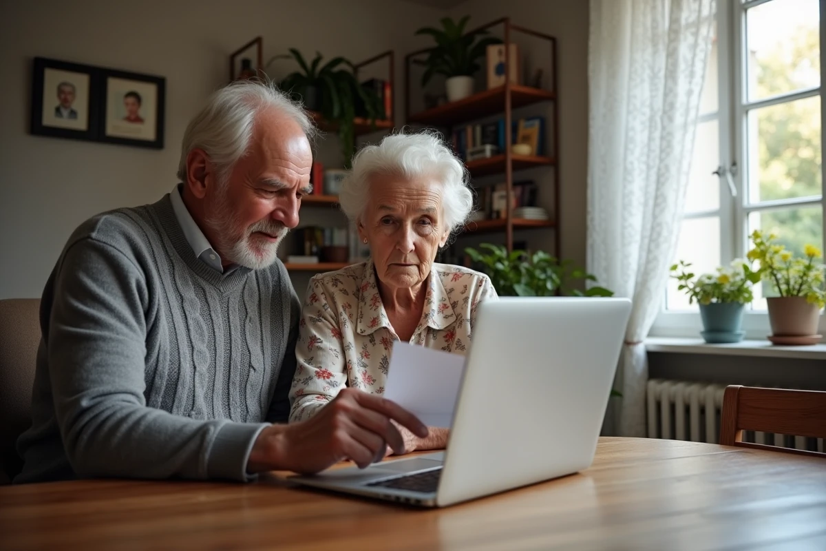 Couple de retraités consultant leur espace pension Agirc-Arrco en ligne ensemble