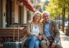 Couple senior souriant assis en terrasse de café en plein soleil