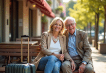 Couple senior souriant assis en terrasse de café en plein soleil