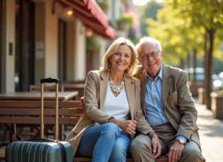 Partir loin sans stress : astuces pour un séjour serein après 60 ans Couple senior souriant assis en terrasse de café en plein soleil