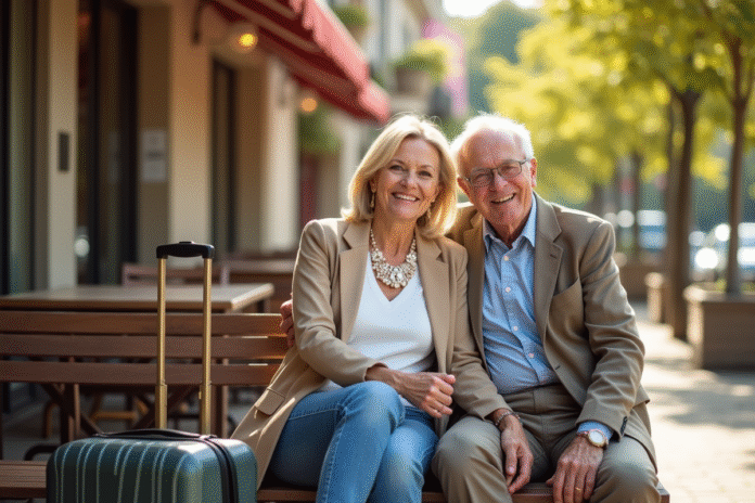 Couple senior souriant assis en terrasse de café en plein soleil