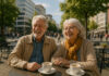 Couple senior actif dans un café en ville ensoleillée