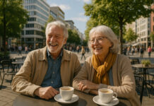 Couple senior actif dans un café en ville ensoleillée