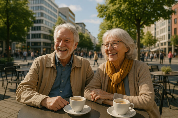 Couple senior actif dans un café en ville ensoleillée