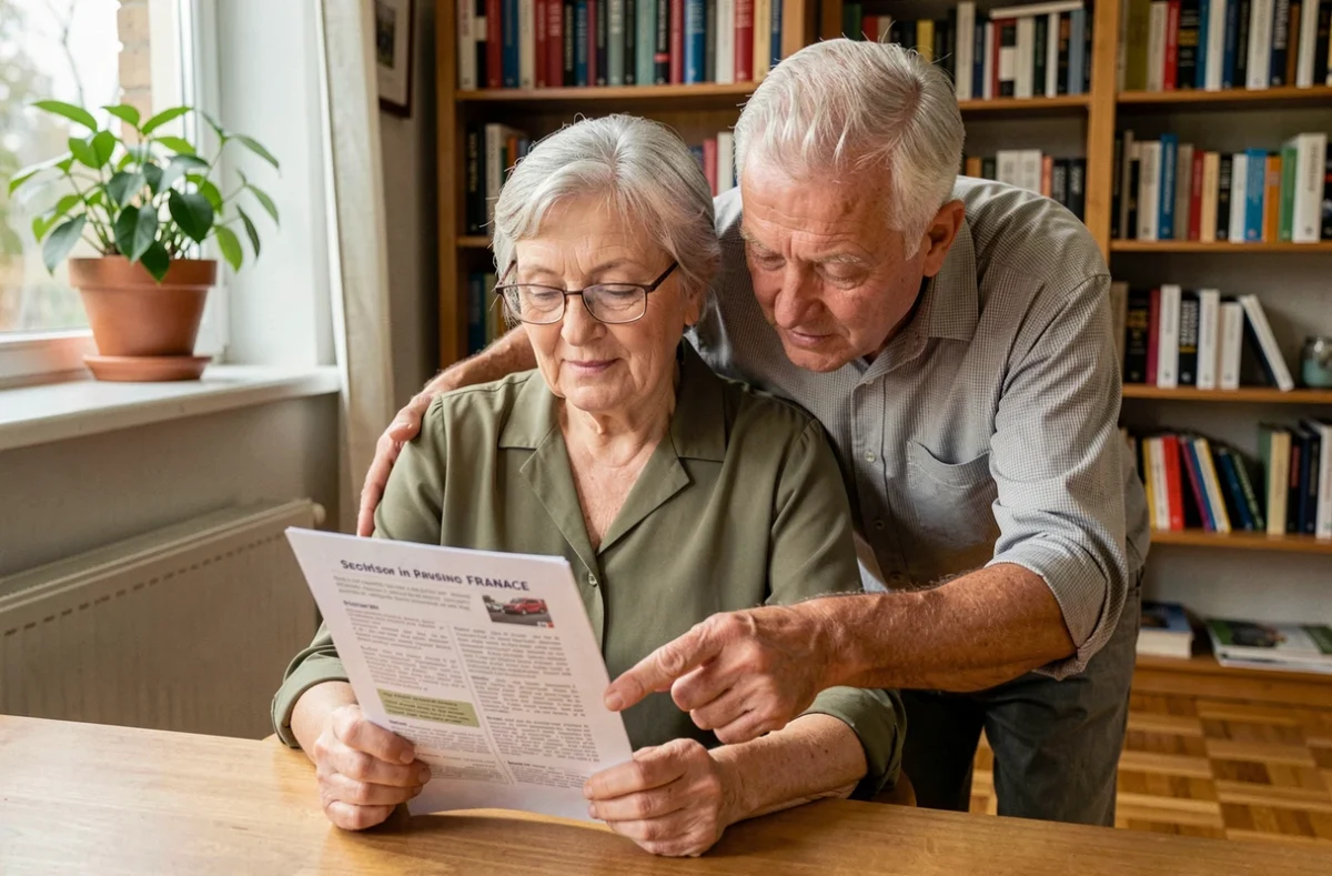 Couple de seniors lisant ensemble une brochure d'information sur le macaron S Senior obligatoire dans leur salon