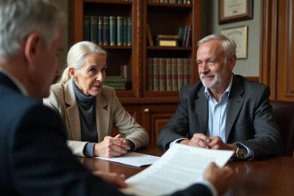 Un couple de seniors discute avec un notaire de stratégies patrimoniales pour optimiser l'APA récupérable sur succession