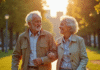Couple senior marchant dans un parc ensoleille
