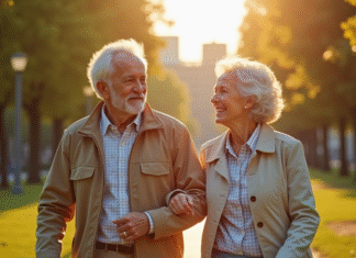 Couple senior marchant dans un parc ensoleille