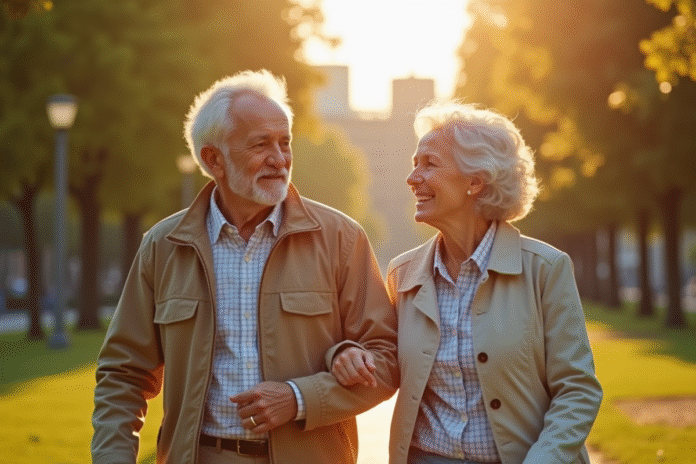 Couple senior marchant dans un parc ensoleille