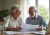 Couple senior souriant examinant des factures de santé à la maison