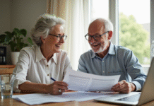 Couple senior souriant examinant des factures de santé à la maison