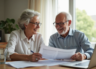 Remboursement mutuelle senior : comment anticiper les restes à charge sur les soins courants Couple senior souriant examinant des factures de santé à la maison