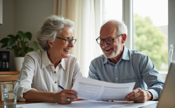 Remboursement mutuelle senior : comment anticiper les restes à charge sur les soins courants Couple senior souriant examinant des factures de santé à la maison