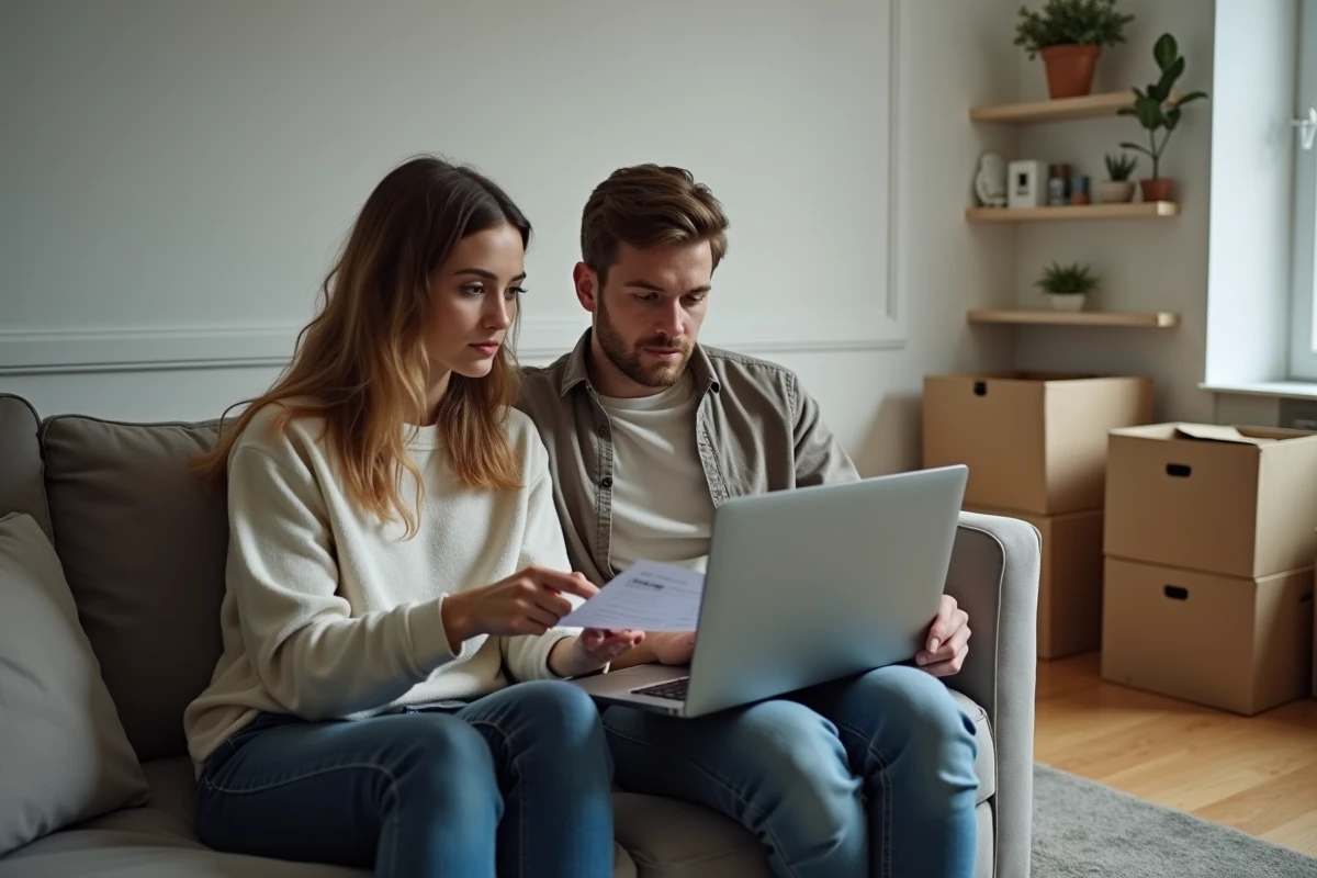 Jeune couple consultant une simulation d'aides au logement CAF sur un ordinateur portable dans leur appartement, avec documents relatifs aux aides sociales 2026