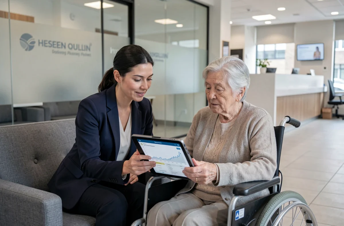 Une curatrice accompagne une personne en situation de handicap dans une agence bancaire pour la gestion de ses finances