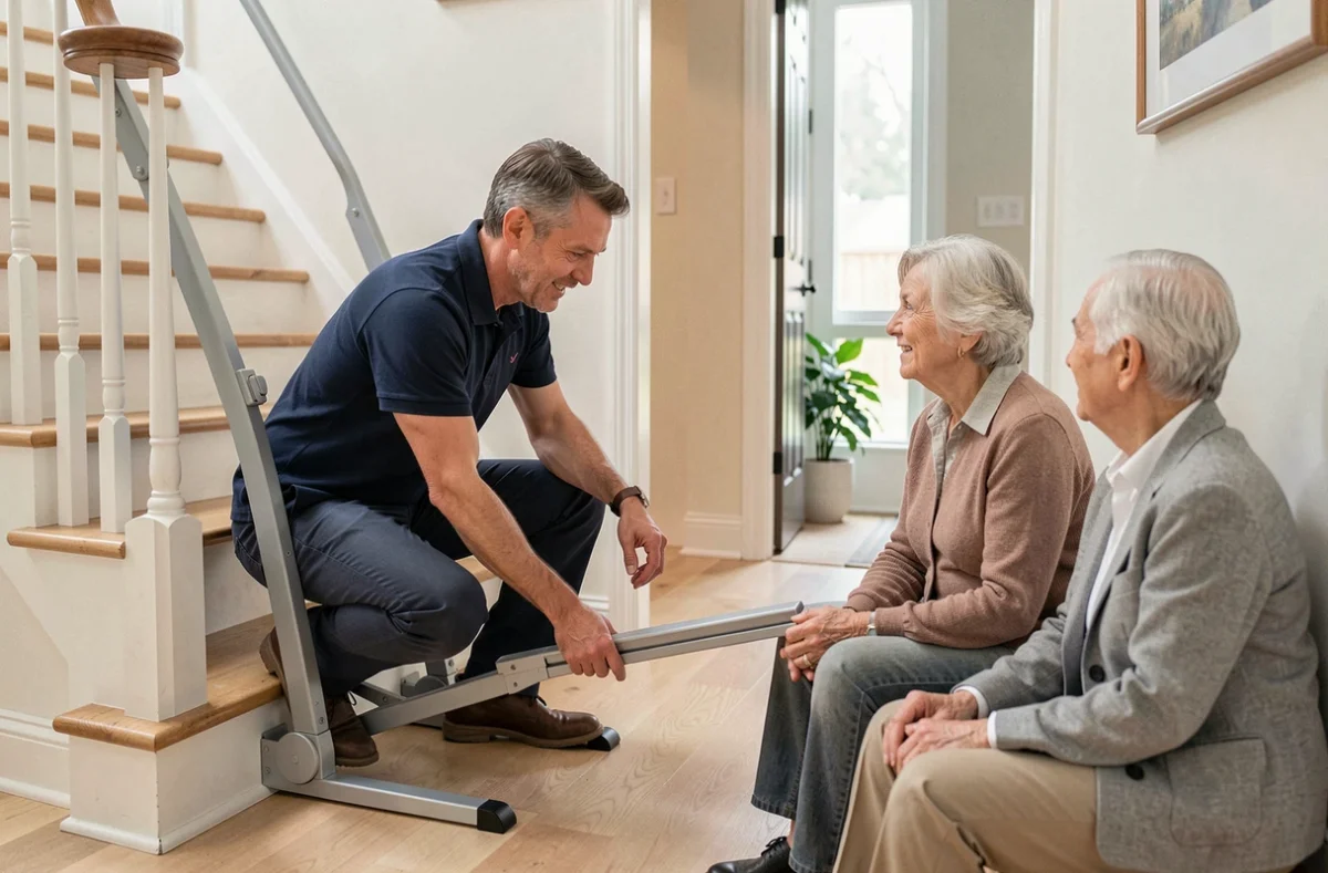 Thérapeute présentant un monte escaliers portable à un couple de seniors à domicile