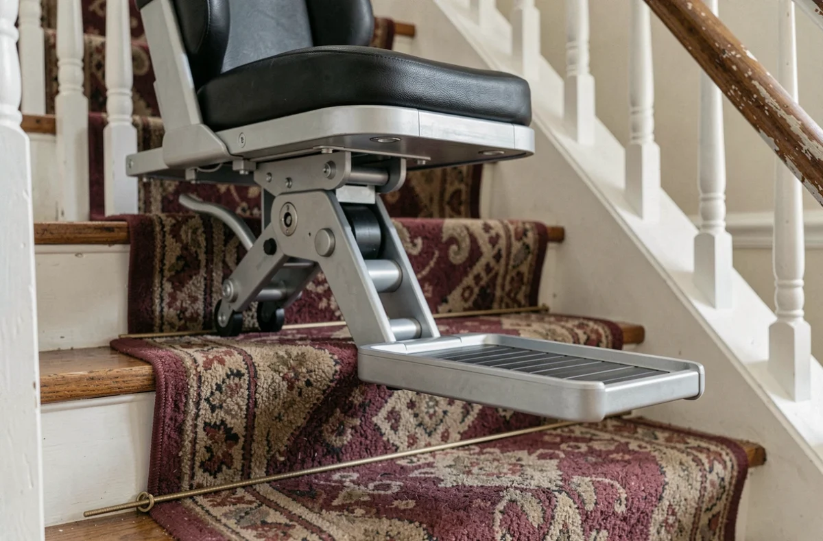 Détail technique d'un monte escaliers sans installation fixe posé sur une marche d'escalier