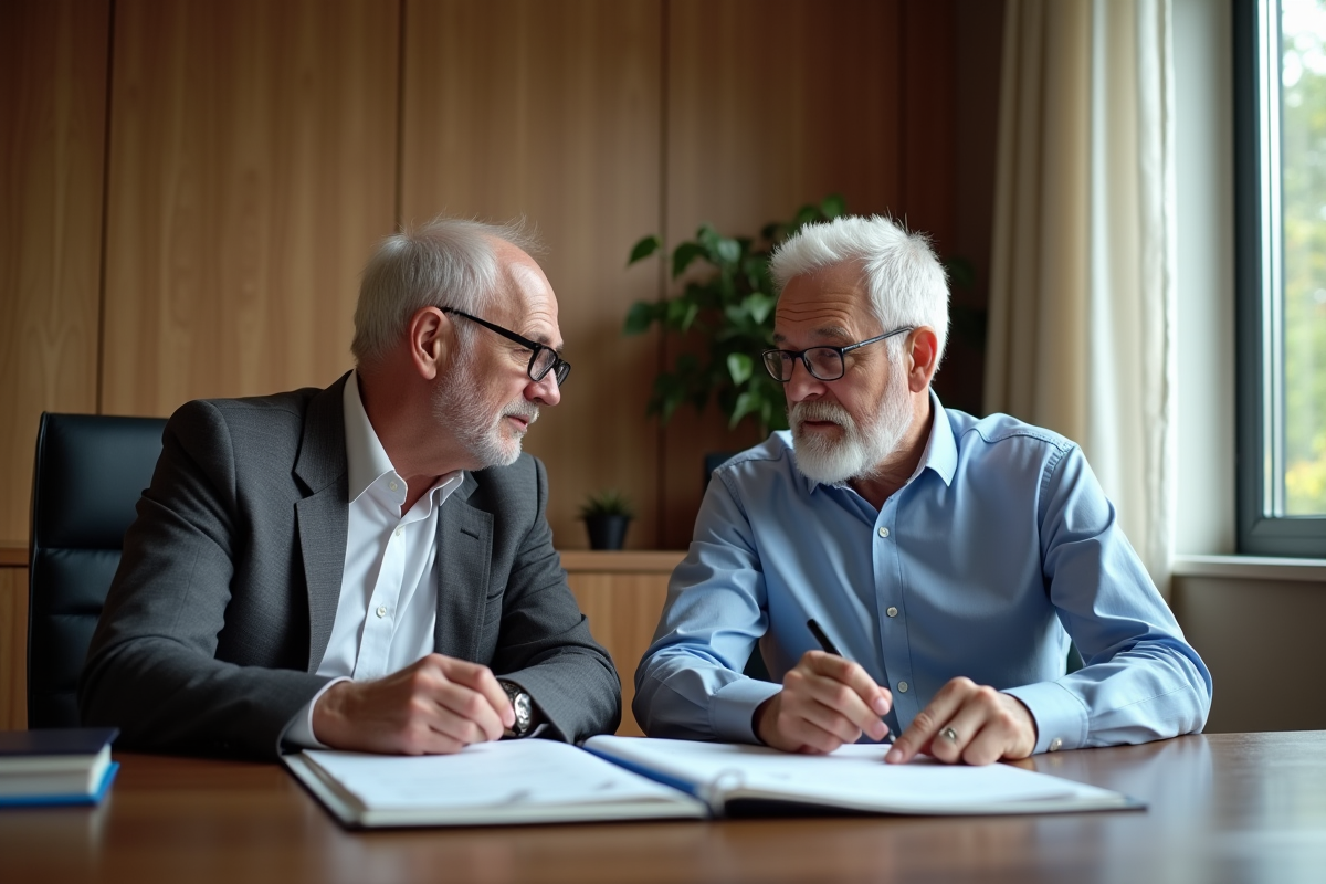 Fils et père discutant de finances dans un bureau professionnel