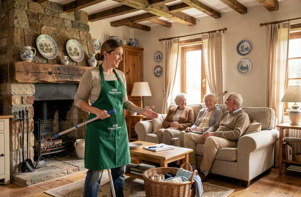 Une aide à domicile multi-services de Domidom Normandie gérant l'entretien ménager dans un logement normand en présence d'un couple de personnes âgées.