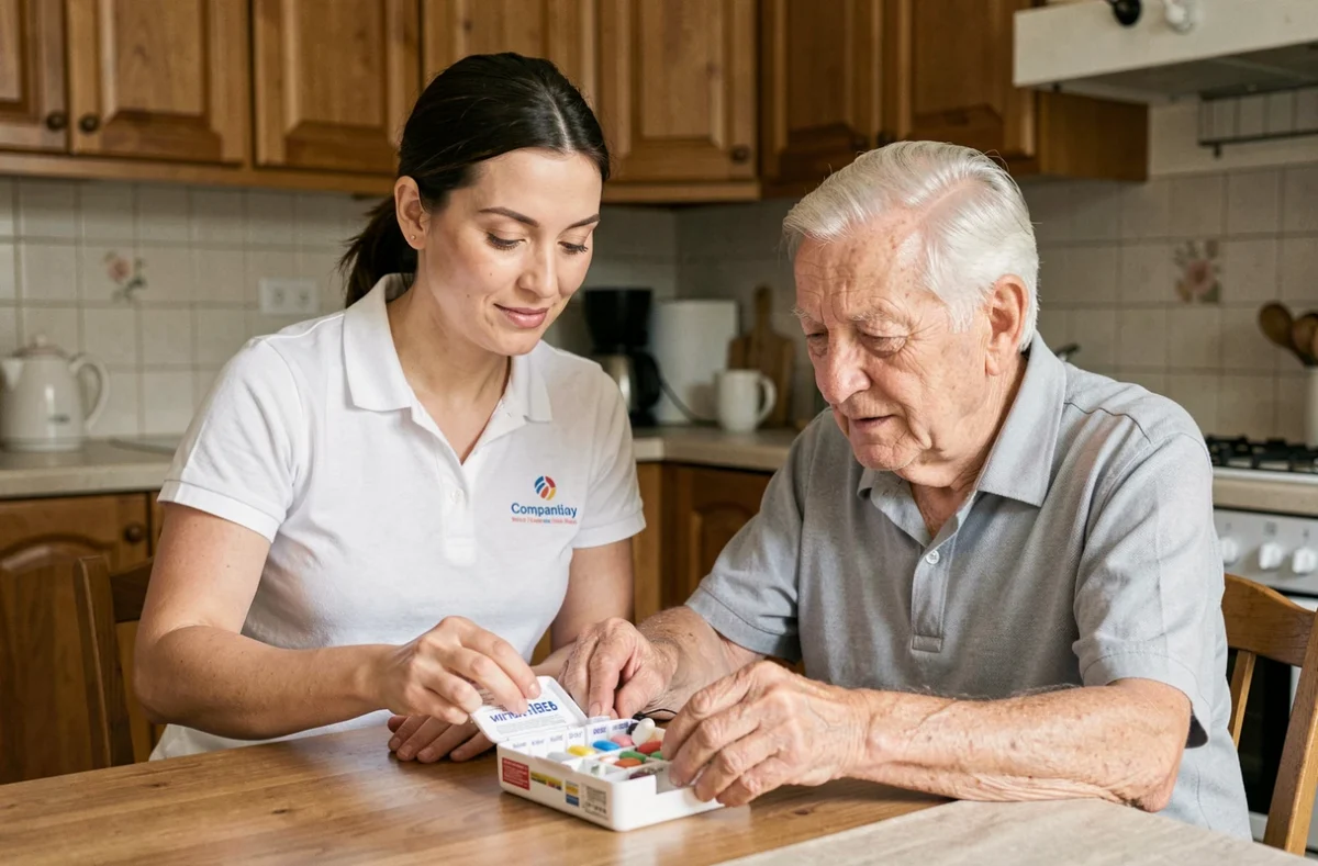 Auxiliaire de vie DomusVi Domicile aidant un senior à gérer ses médicaments à domicile