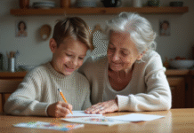 Garçon souriant dessinant avec sa grand-mere dans la cuisine