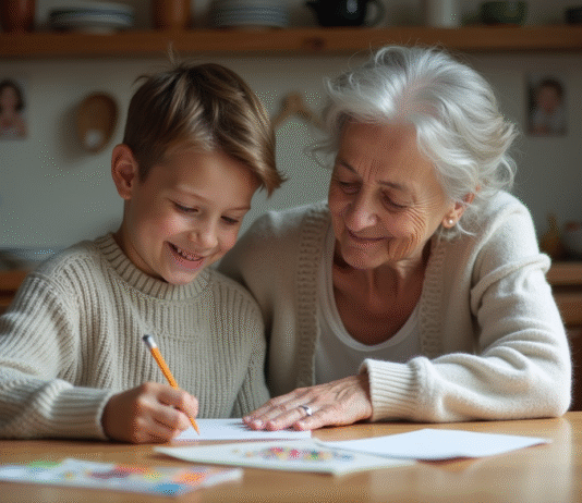 Journée des petits-fils : date, histoire, célébration & traditions Garçon souriant dessinant avec sa grand-mere dans la cuisine
