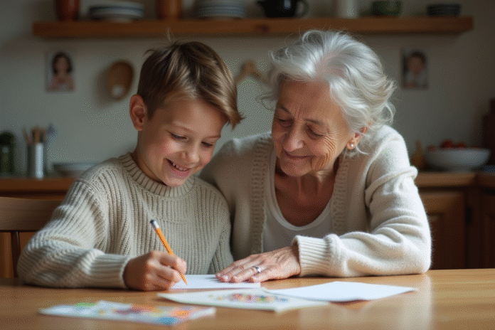 Garçon souriant dessinant avec sa grand-mere dans la cuisine