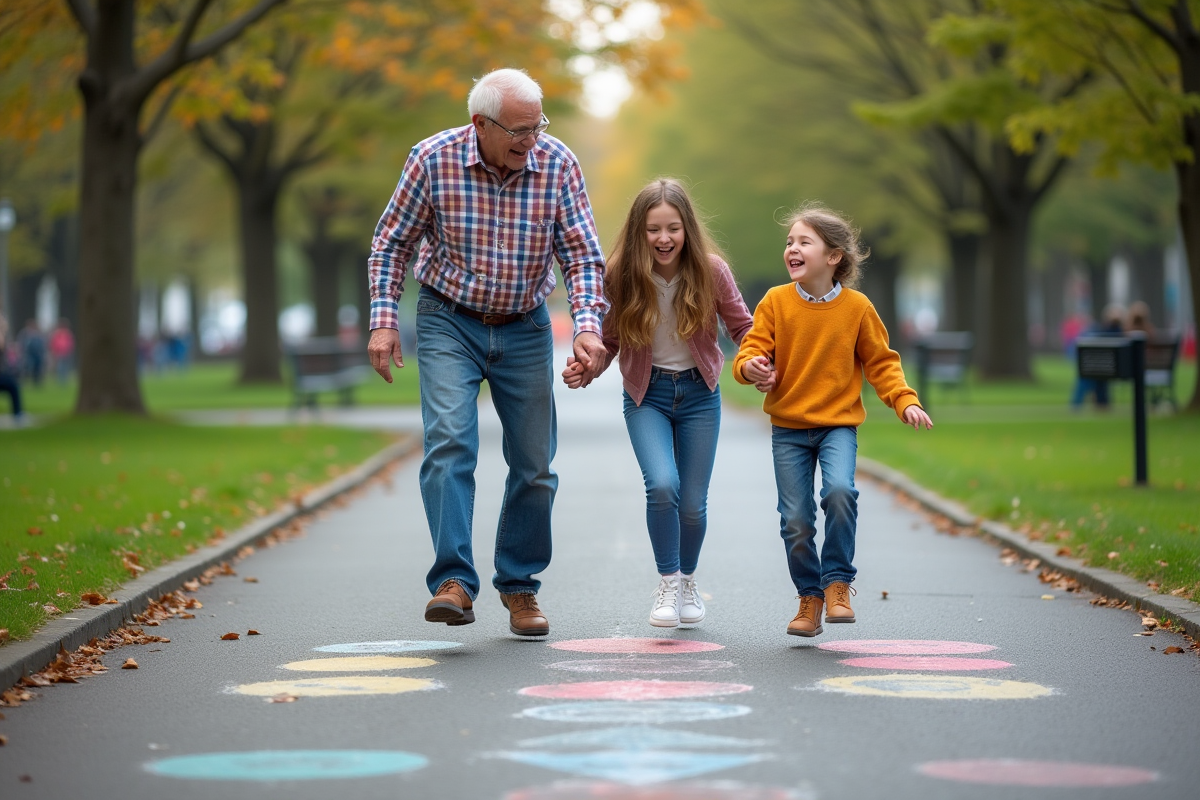 Enfants jouant à la marelle dans un parc ensoleille