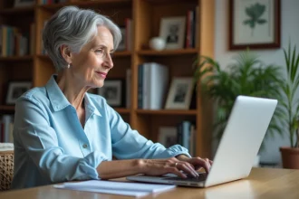 Femme retraitée envoyant des documents en ligne à Agirc Arrco depuis son bureau à domicile
