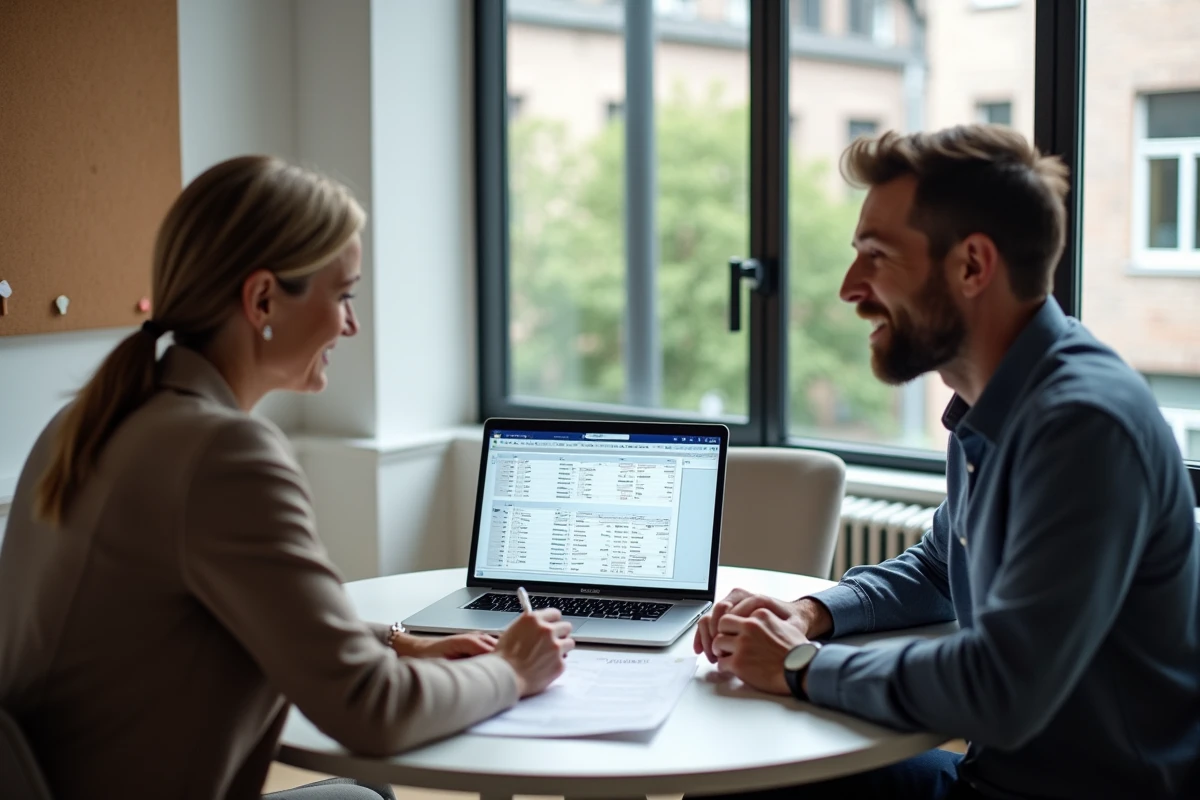 Deux responsables d'agence de services à domicile analysant le tableau de bord LogisFil fr ensemble dans un bureau