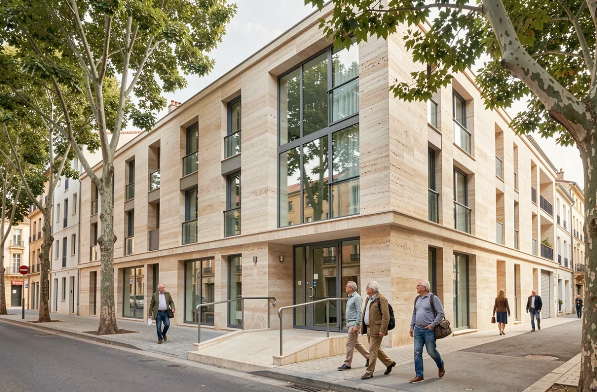 Façade moderne d'une résidence seniors en centre-ville de Nîmes avec résidents se promenant devant l'entrée accessible