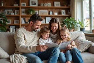 Famille de quatre dans un salon chaleureux et moderne