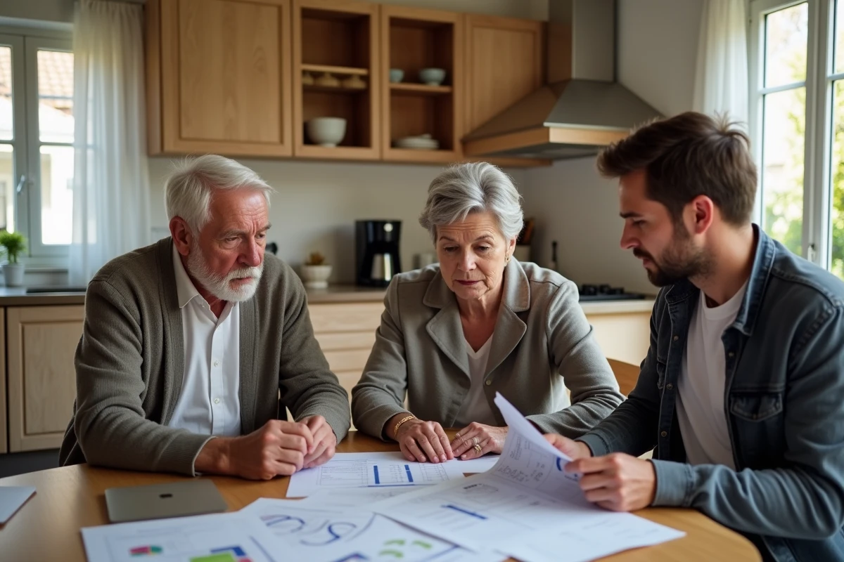 Une famille réunie autour de la table pour discuter du financement d'une maison de retraite et des obligations des descendants