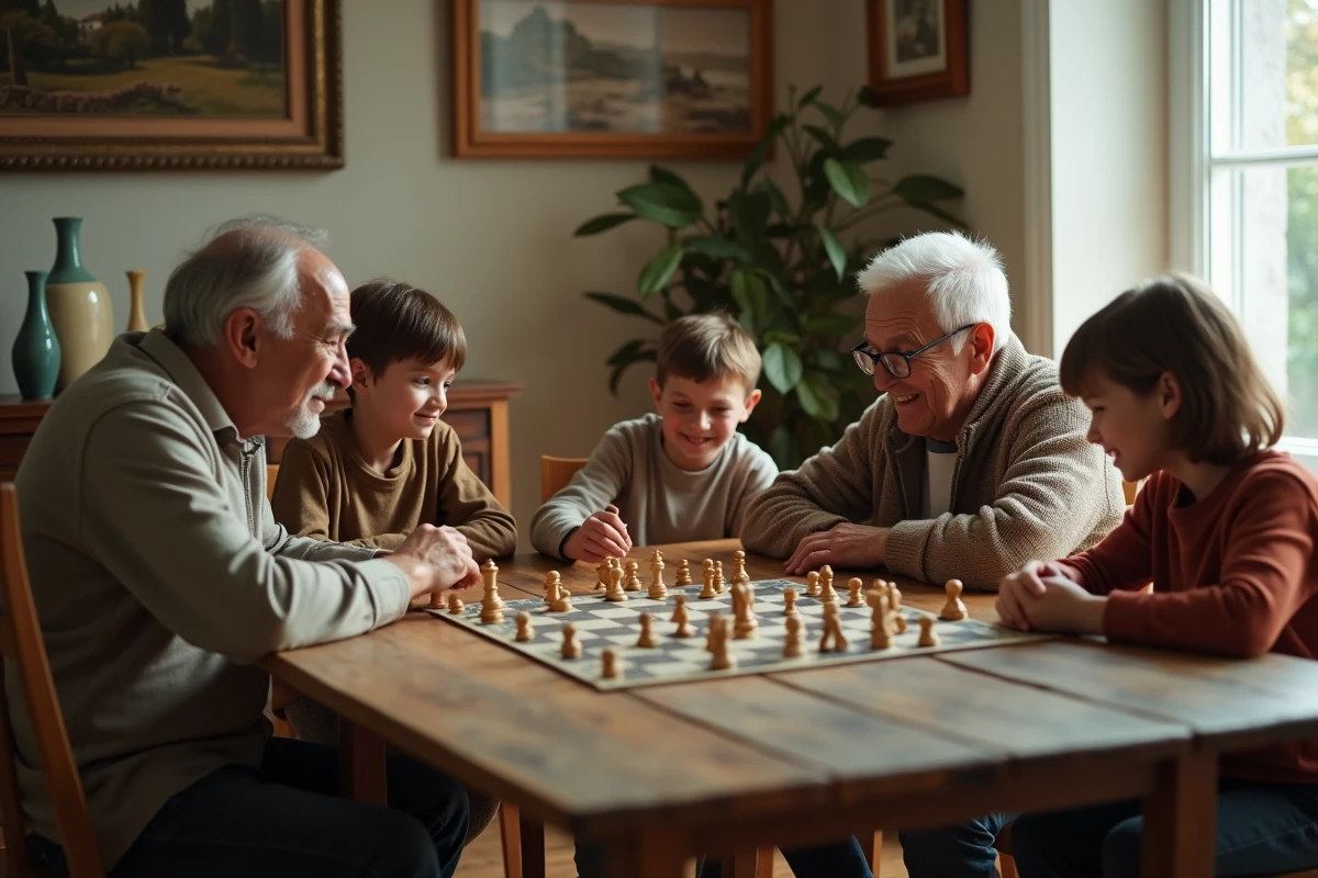 Famille intergénérationnelle jouant à un jeu de stratégie autour d'une grande table à manger dans une salle à manger rustique