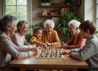 Jeu intergénérationnel : pourquoi est-il si important ? Famille multigenerations jouant à un jeu de société dans un salon chaleureux