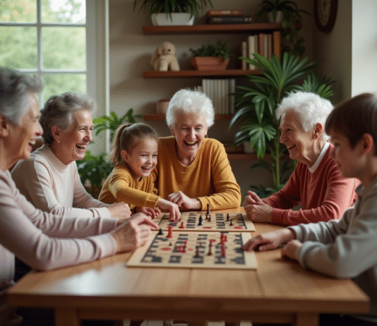 Jeu intergénérationnel : pourquoi est-il si important ? Famille multigenerations jouant à un jeu de société dans un salon chaleureux