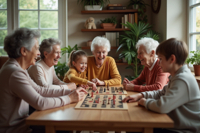 famille-jeux-de-societe Famille multigenerations jouant à un jeu de société dans un salon chaleureux
