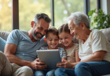 Famille multigenerations souriante dans le salon lumineux