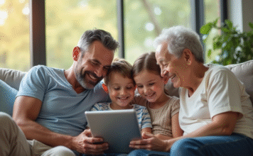 Comment utiliser et gérer efficacement mon compte Famileo pour rester connecté avec mes proches ? Famille multigenerations souriante dans le salon lumineux
