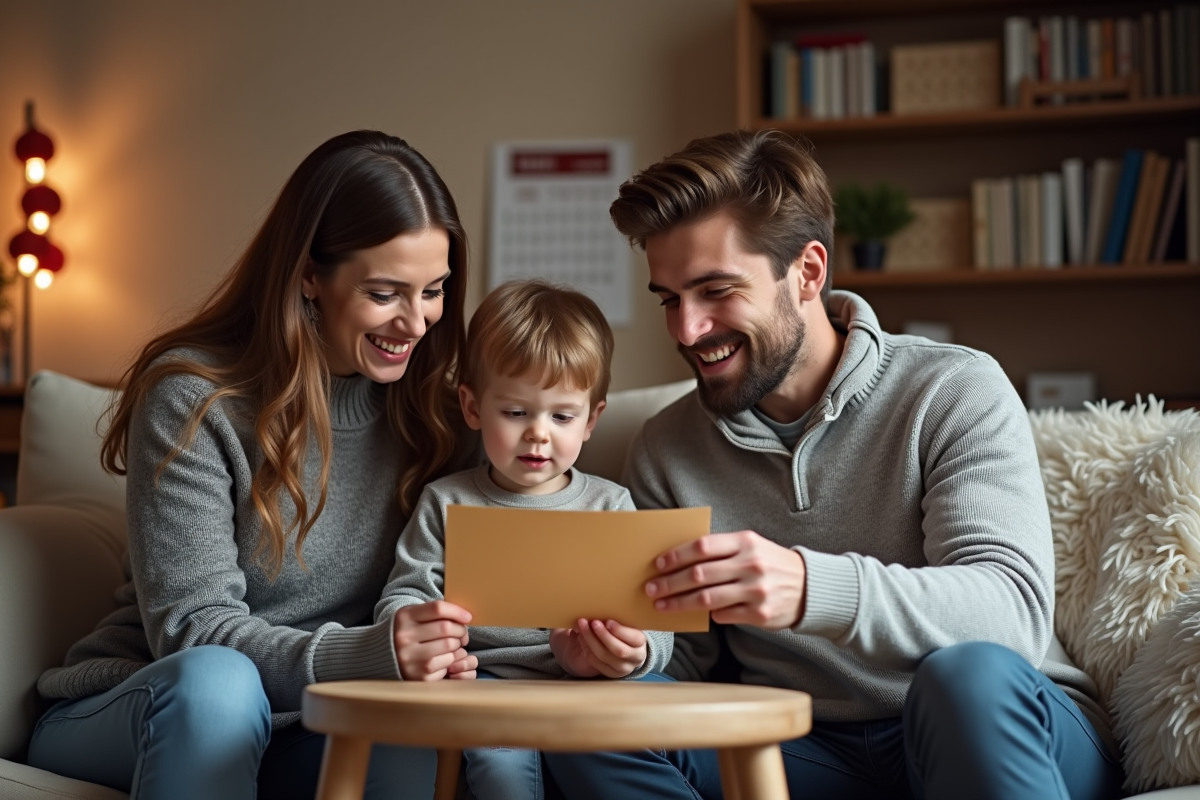 Jeune couple français avec enfant ouvrant un cheque de Noel