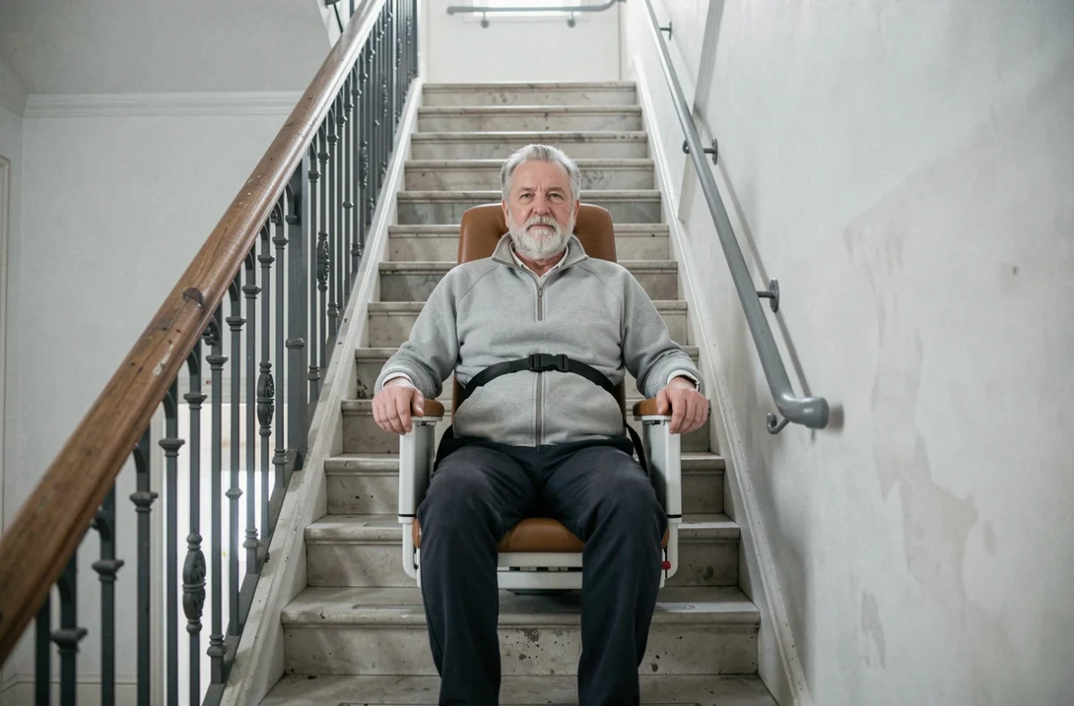 Homme senior assis dans un fauteuil monte-escalier classique fixé au mur dans un appartement