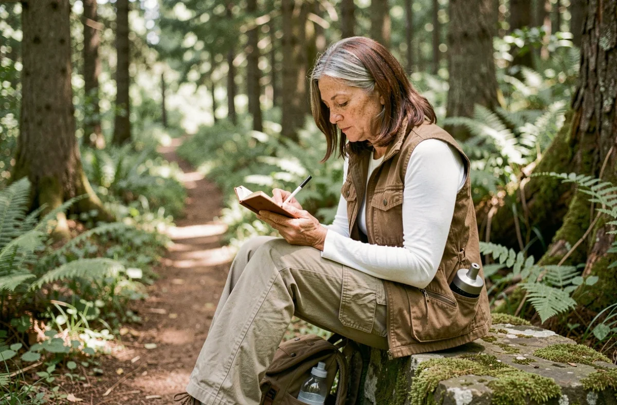 Femme de 50 ans randonneuse solo dans une forêt, écrivant dans un carnet assis sur un rocher au bord d'un sentier