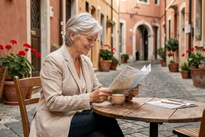Femme de 50 ans voyageant seule, assise en terrasse d'un café européen avec une carte et un café, souriant avec sérénité