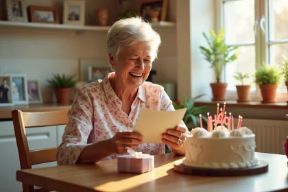 Femme de 70 ans souriante lisant une carte d'anniversaire humoristique entourée de cadeaux et d'un gâteau d'anniversaire