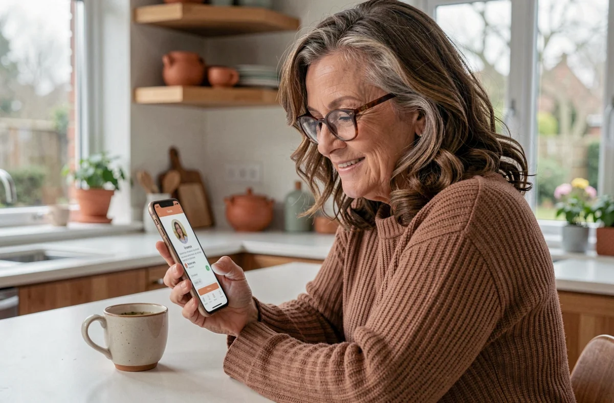 Femme de 65 à 70 ans utilisant une application de rencontre sur smartphone dans sa cuisine moderne